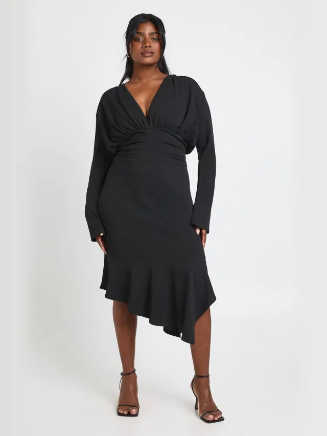 boohoo Dames Plus Asymmetrische Diepe Hals Midi Jurk Zwart