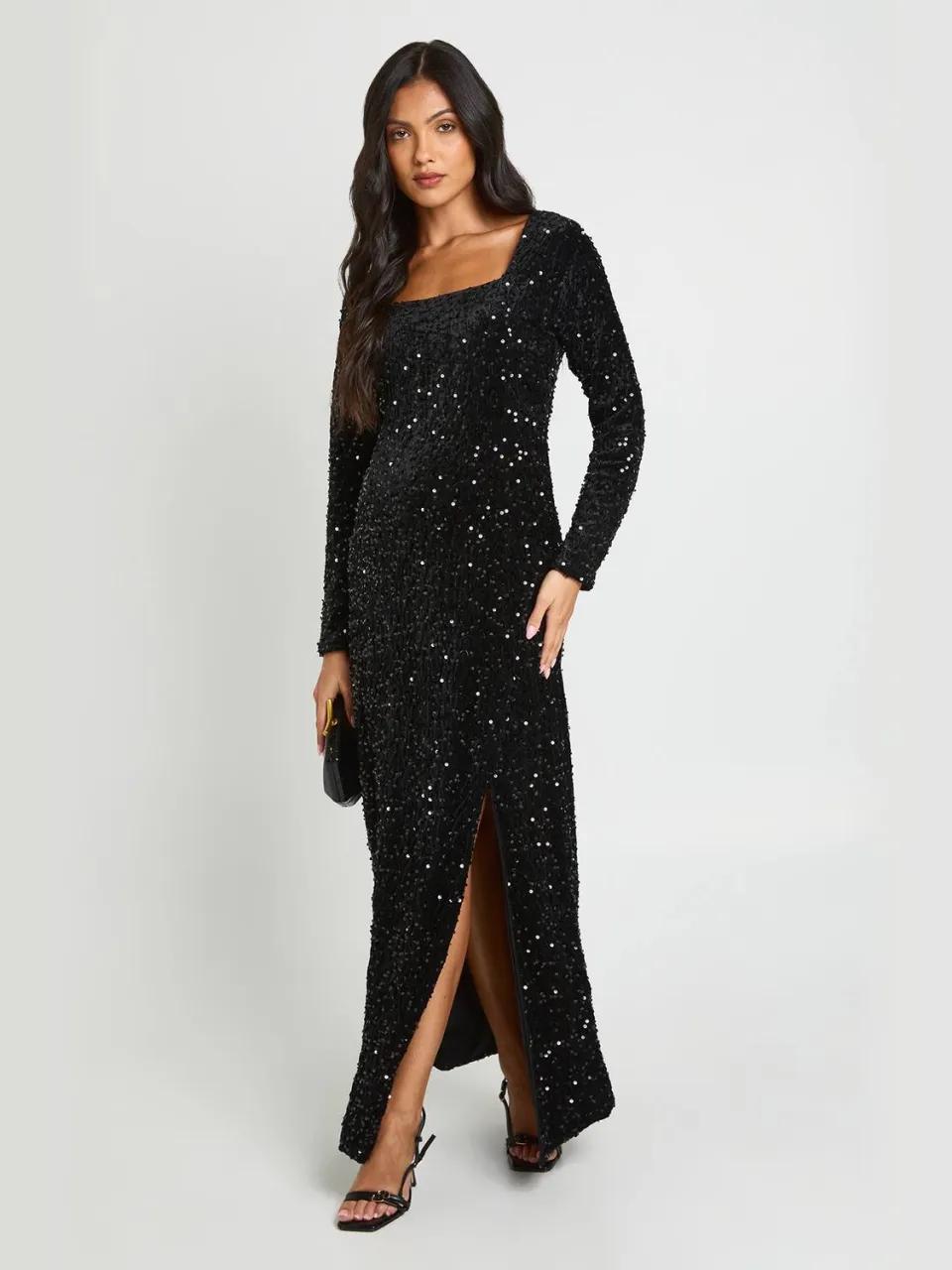 boohoo Dames Zwangerschaps Maxi Jurk Met Vierkante Hals En Lange Mouwen zwart, foto 4