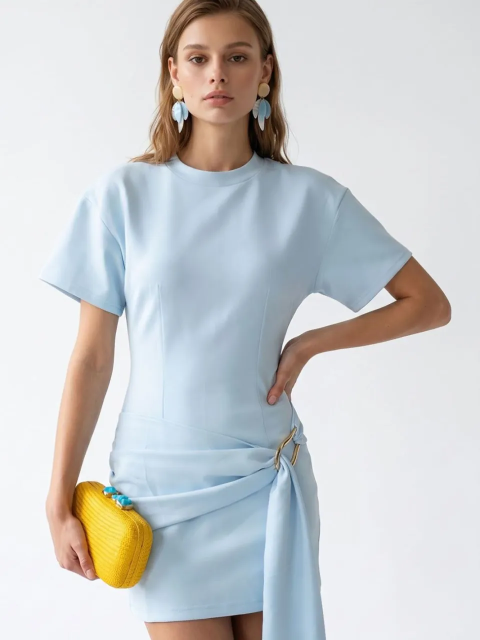 Mixray Crepe Geweven Mini Jurk Lichtblauw