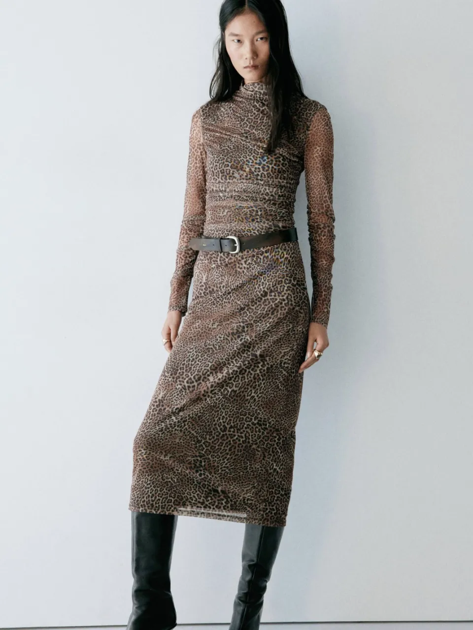Mango midi jurk met plooien en panterprint - bruin, foto 3