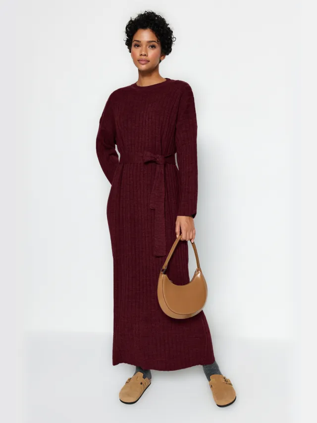 Trendyol Modest Dames Bordeaux Effen Maxi Lang Casual A-lijn Modest Jurken Bordeauxrood