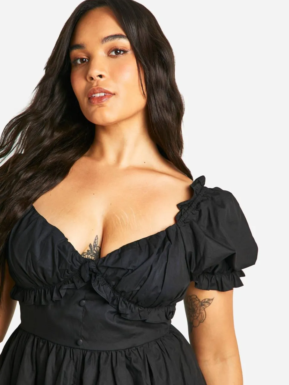boohoo Dames Plus geweven melkmeisje button-down skaterjurk zwart, foto 3