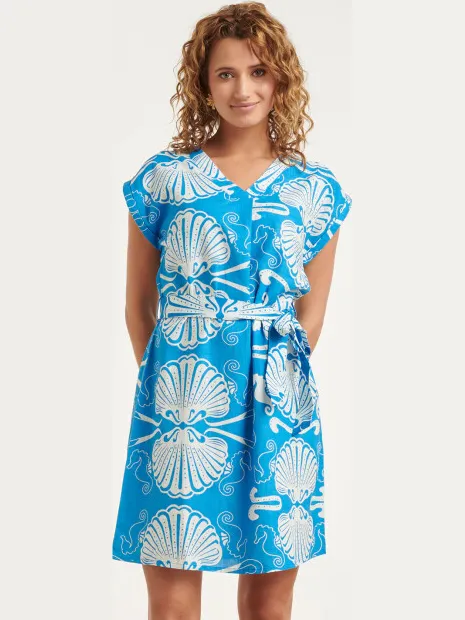 Smashed Lemon Blauwe jurk met witte schelpenprint en ceintuur