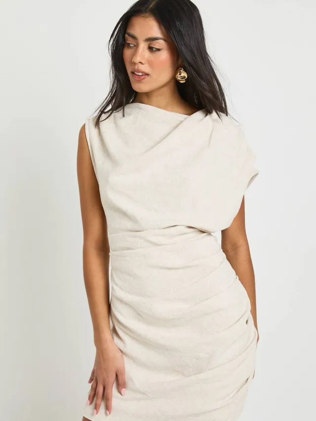boohoo Dames Linnen Look Drapeer Geruched Mini Jurk natural, foto 2