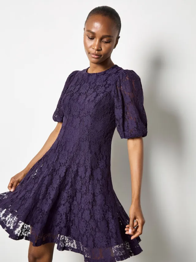 Apricot Floral Lace Skater Mini Dress Purple