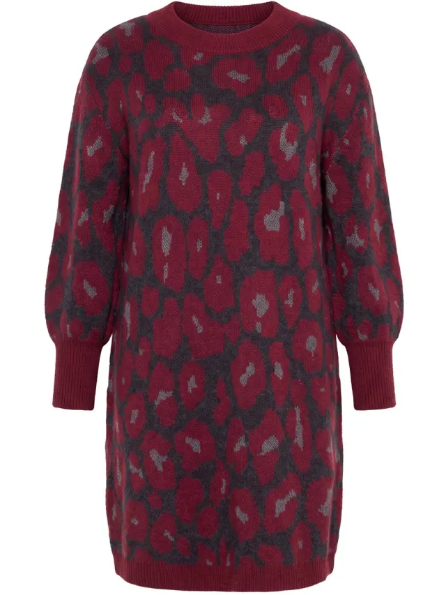 Studio Untold Dames - Gebreide jurk oversized luipaardmotief ballonmouwen - Wijnrood - Maat 50+