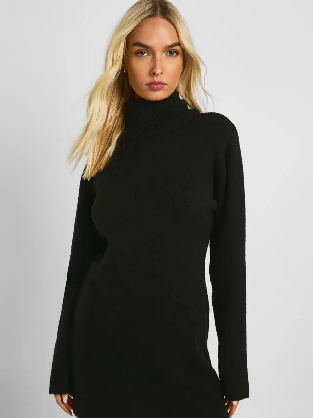 boohoo Dames Minijurk met rolkraag in chunky breisel Zwart