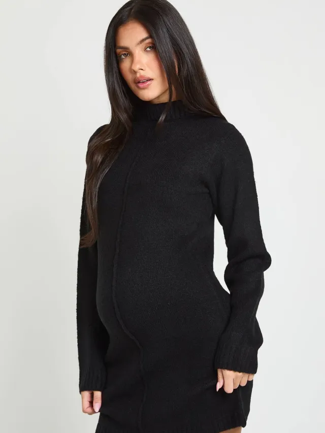 boohoo Dames Zwangerschaps Mini-trui-jurk Met Hoge Hals En Naaddetail Zwart