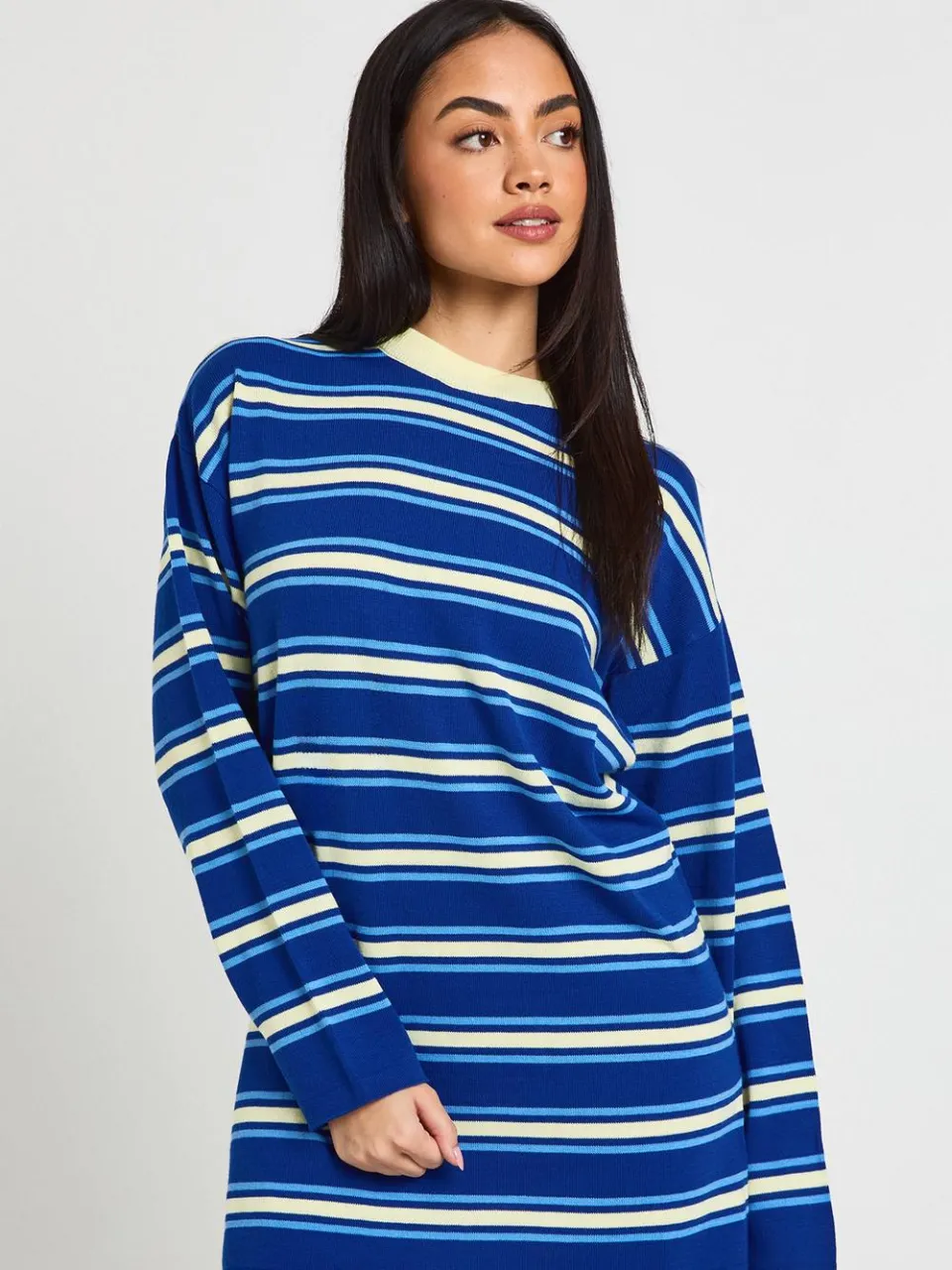 boohoo Dames Gestreepte Lange Mouw Gebreide Mini Jurk marineblauw, foto 3