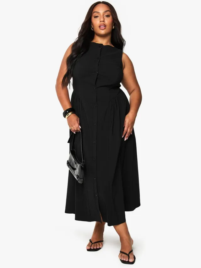 boohoo Dames Plus button-down midaxi skaterjurk Zwart