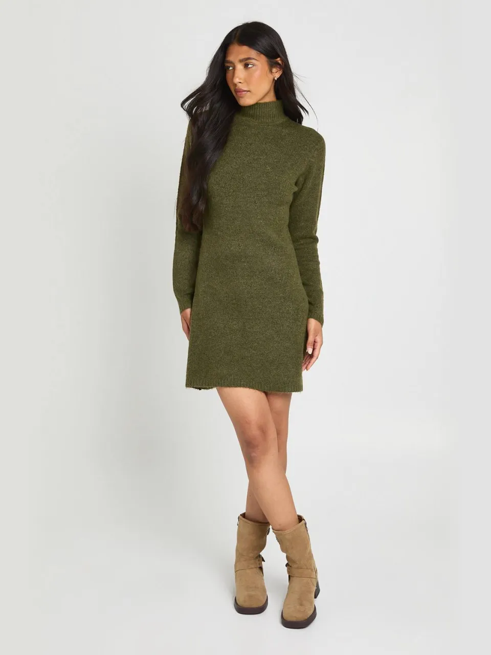 boohoo Dames Tall Hoge Col Super Zachte Gebreide Mini Jurk kaki, foto 3