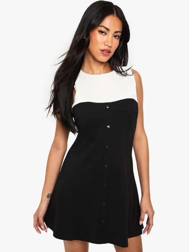 boohoo Dames Op maat gemaakte Mono Button Down mini jurk Zwart