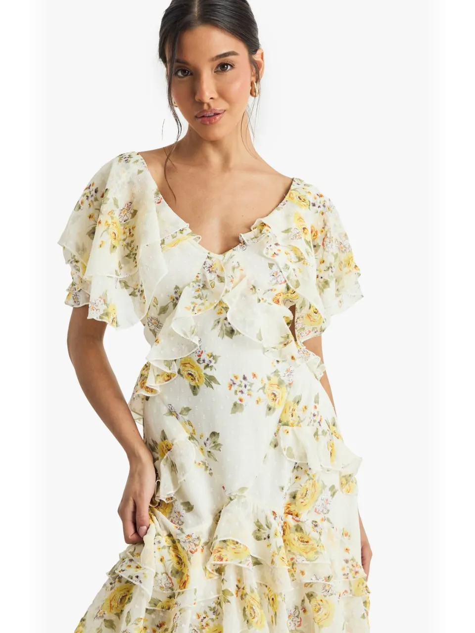 boohoo Dames Bloemen Ruffle Midi Jurk ivoor, foto 2
