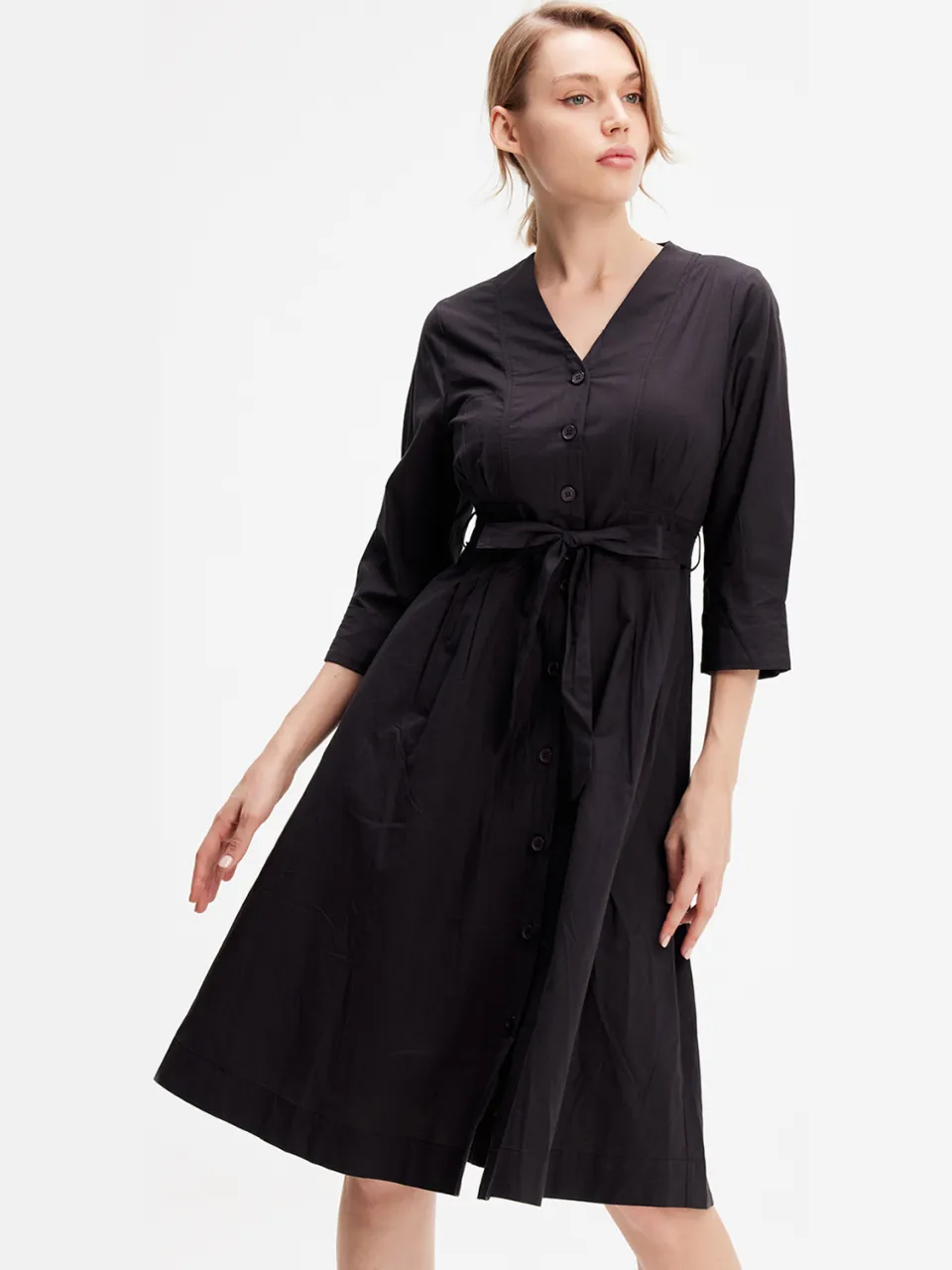 S&J Weekends Minimalistische katoenen shirtjurk met geknoopte riem zwart, foto 2