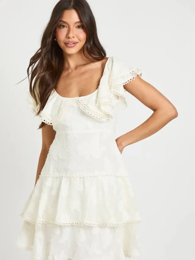 boohoo Dames Gelegenheids Burnout Open Rug Ruche Detail Mini Jurk crème, foto 3