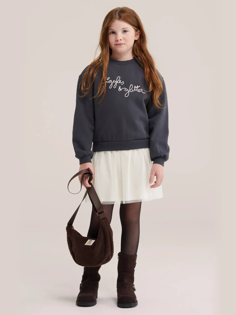 WE Fashion midi sweatjurk met tule donkergrijs wit donkergrijs/wit