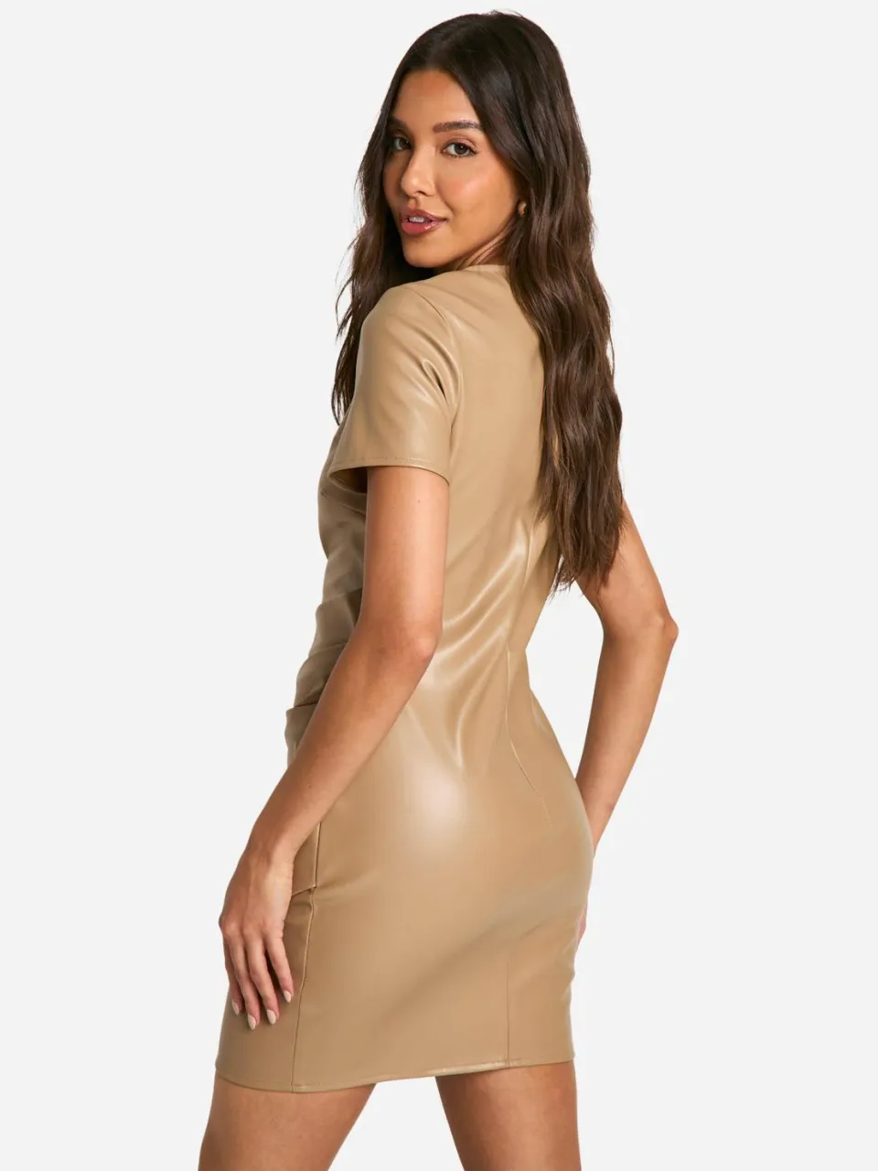 boohoo Dames Pu Wrap Gerimpelde T-shirt Mini Jurk steen, foto 2