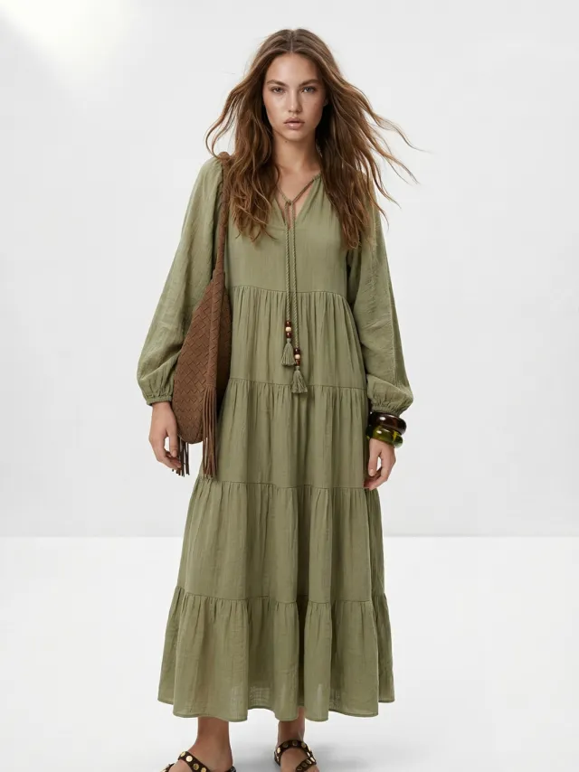 Trendyol TRENDYOLMİLLA Dames Kaki Effen Maxi Lang Skater Jurken