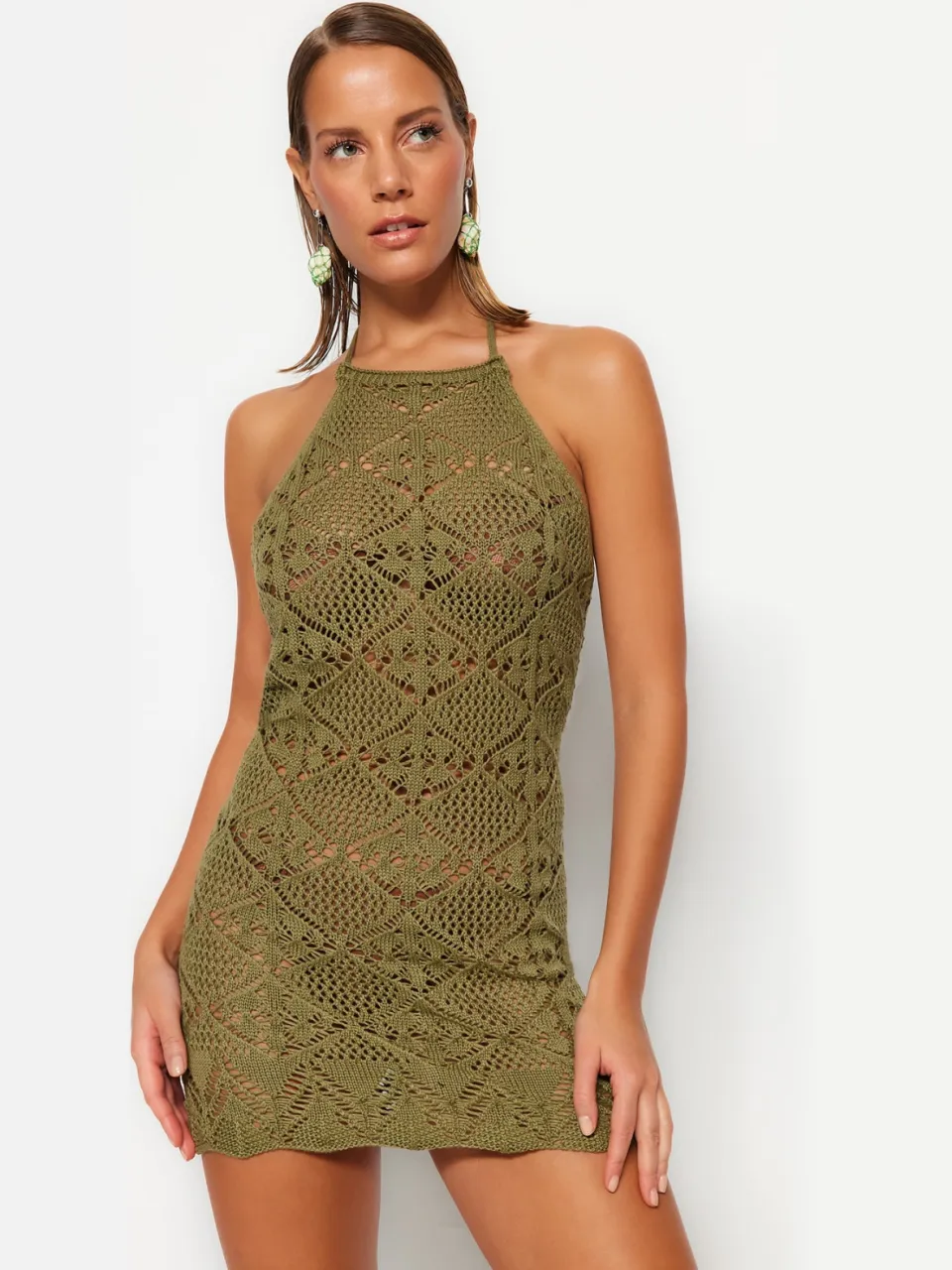 Trendyol TRENDYOLMİLLA Dames Groen Gestructureerd Extra Kort / Super Mini Mouwloos Strandkleding Bodycon Jurken, foto 2