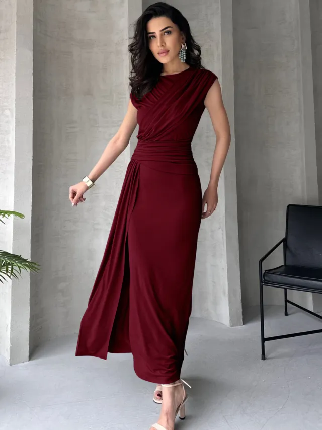 Trendyol TRENDYOLMİLLA Dames Bordeaux Effen Maxi Mouwloos Stijlvol/Avond Bodycon Jurken Bordeauxrood