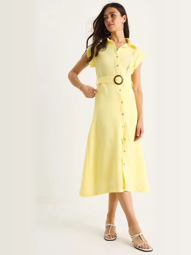 Bianco Lucci Textured Katoenen Midi Jurk met Sjaalkraag Geel
