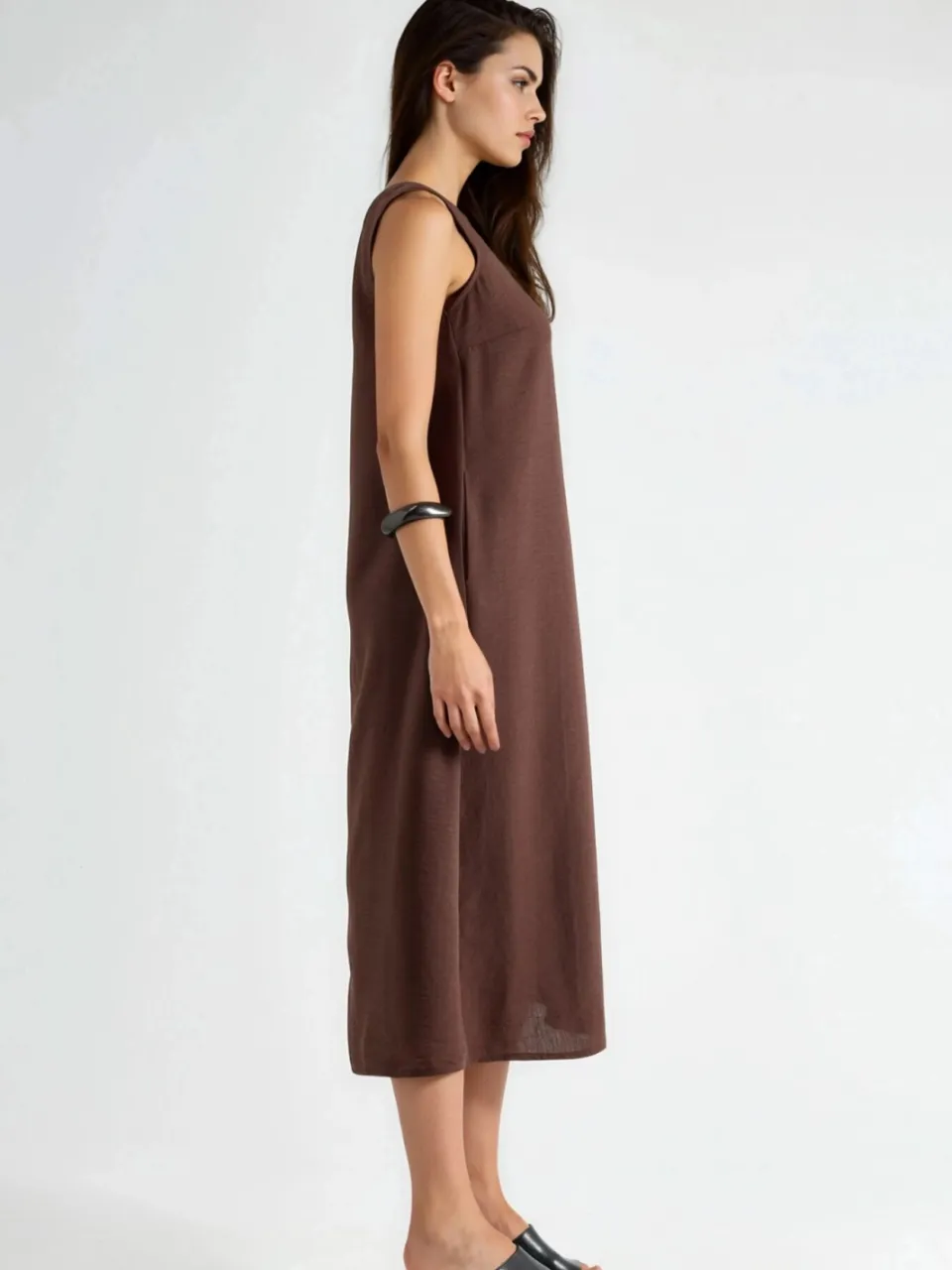 Hiccup Linnenlook Mouwloze Crew Neck Midi Jurk mokka, foto 2