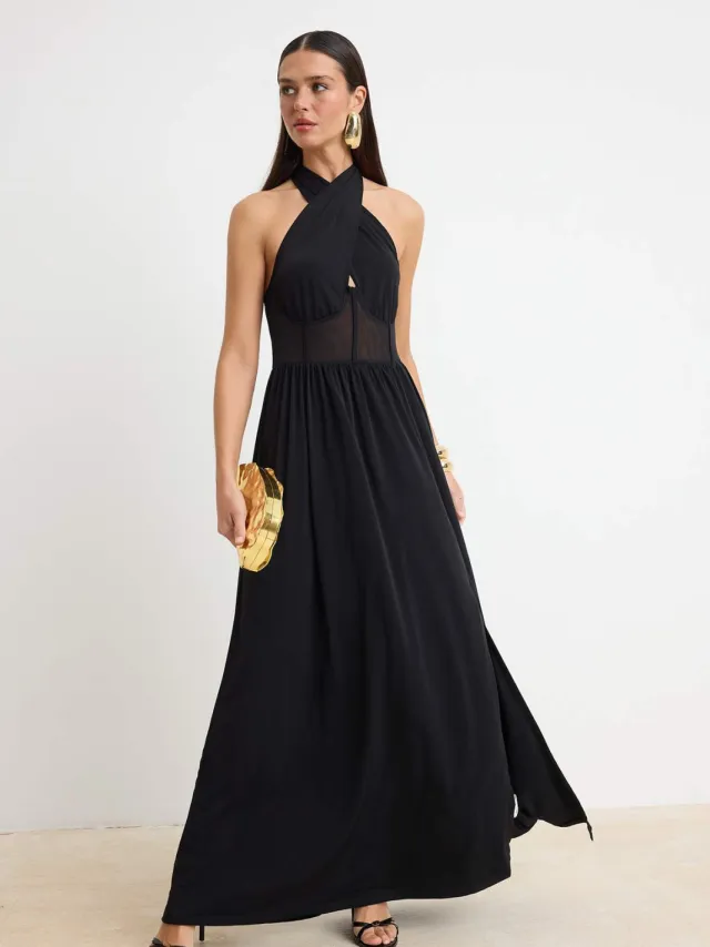 Trendyol TRENDYOLMİLLA Dames Zwart Effen Maxi Mouwloos Skater Avond & Gala Jurk