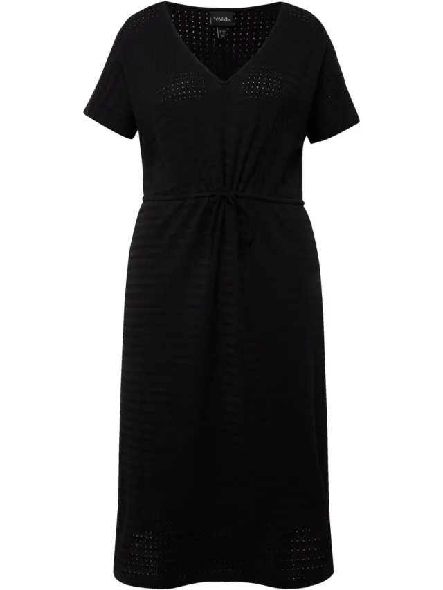 Ulla Popken Dames - Jersey midi-jurk structuur jersey V-hals korte mouwen - Zwart - Maat 50+