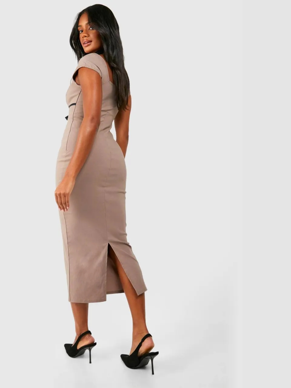 boohoo Dames Cap Sleeve Bengaline Bow Detail Midaxi-jurk taupe, foto 2
