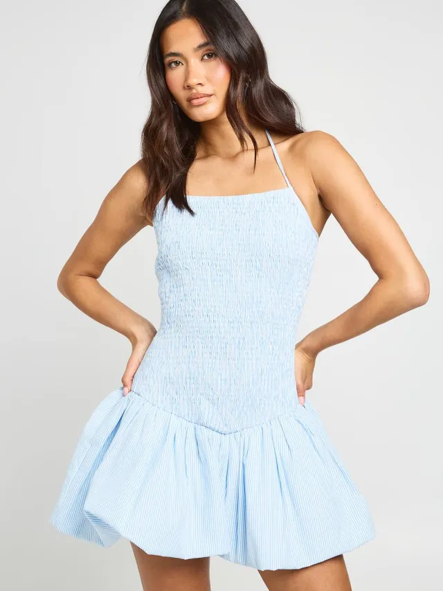 boohoo Dames Gesmockt Mini-jurkje Met Pastelkleurige Strepen Pastelblauw