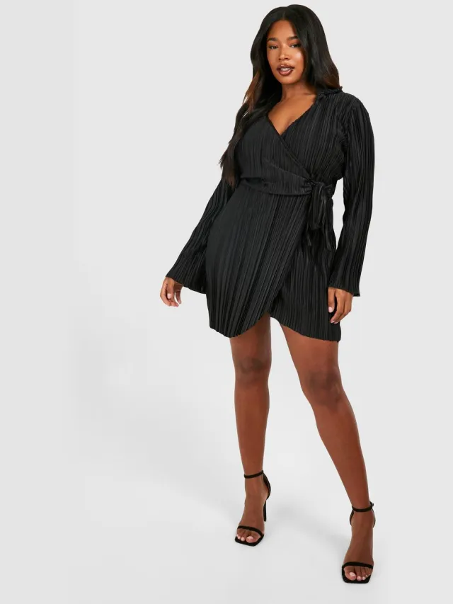 boohoo Dames Plus Wide Plisse Wrap Shirtjurk Zwart