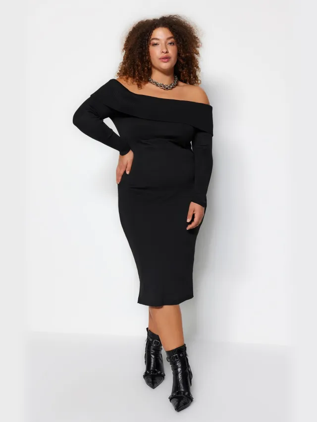 Trendyol Curve Dames Zwart Effen Midi Lang Avond / Dagelijks Bodycon Grote maten Jurk