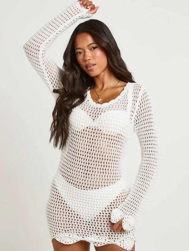 boohoo Dames Strand Gehaakte Mini-jurk Met Lange Mouwen Ecru