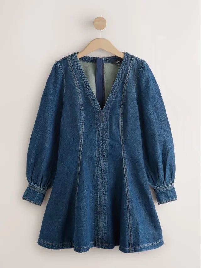 Next Dames - Mini-jurk voor de vollere buste met naden en wijd uitlopende lange mouwen - Blauw Dark Blue