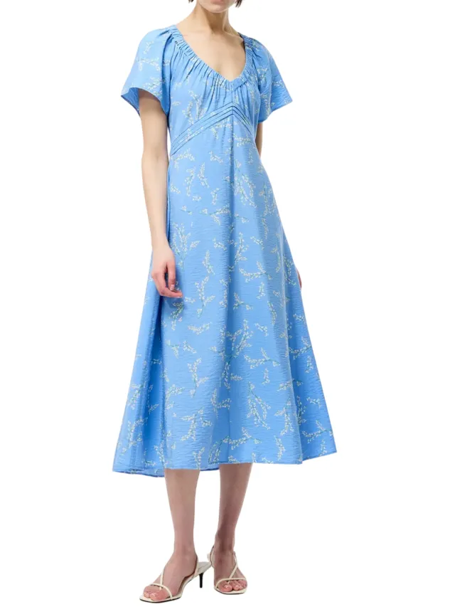 French Connection Damesjurk Daniella met ronde hals en pofmouwen, midi-lengte (Korenbloem blauw) Pastelblauw