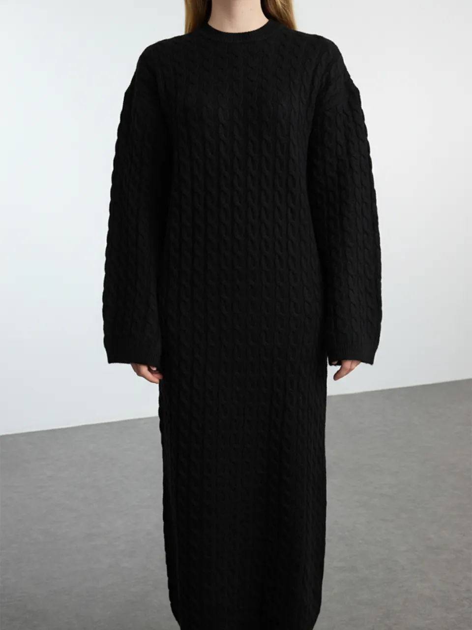 Trendyol Modest Dames Zwart Kabelgebreid Midi Driekwart mouw Casual Recht Modest Jurken, foto 2