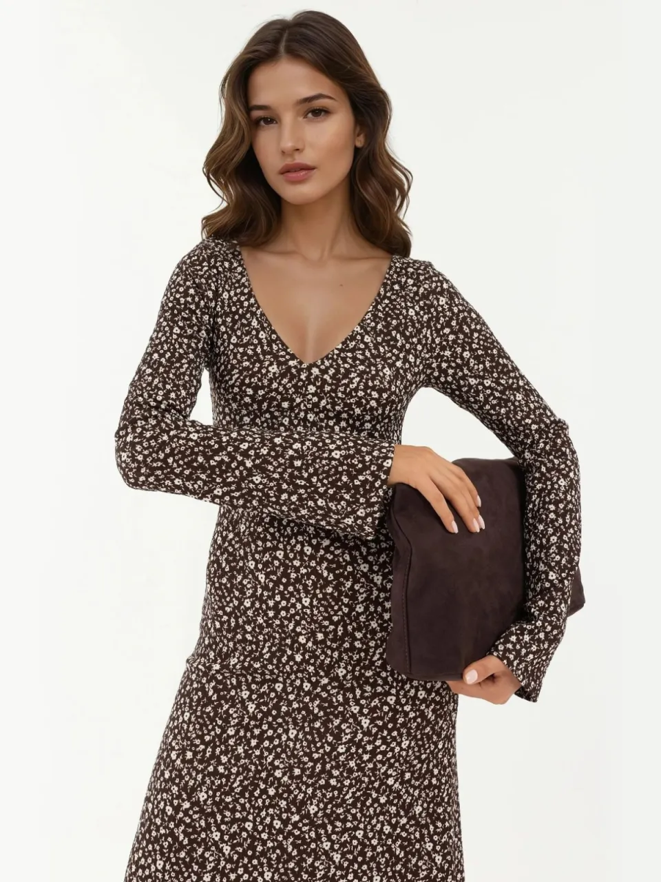 Hiccup Elegante Bloemenprint V-hals Bodycon Maxidress bruin, foto 2