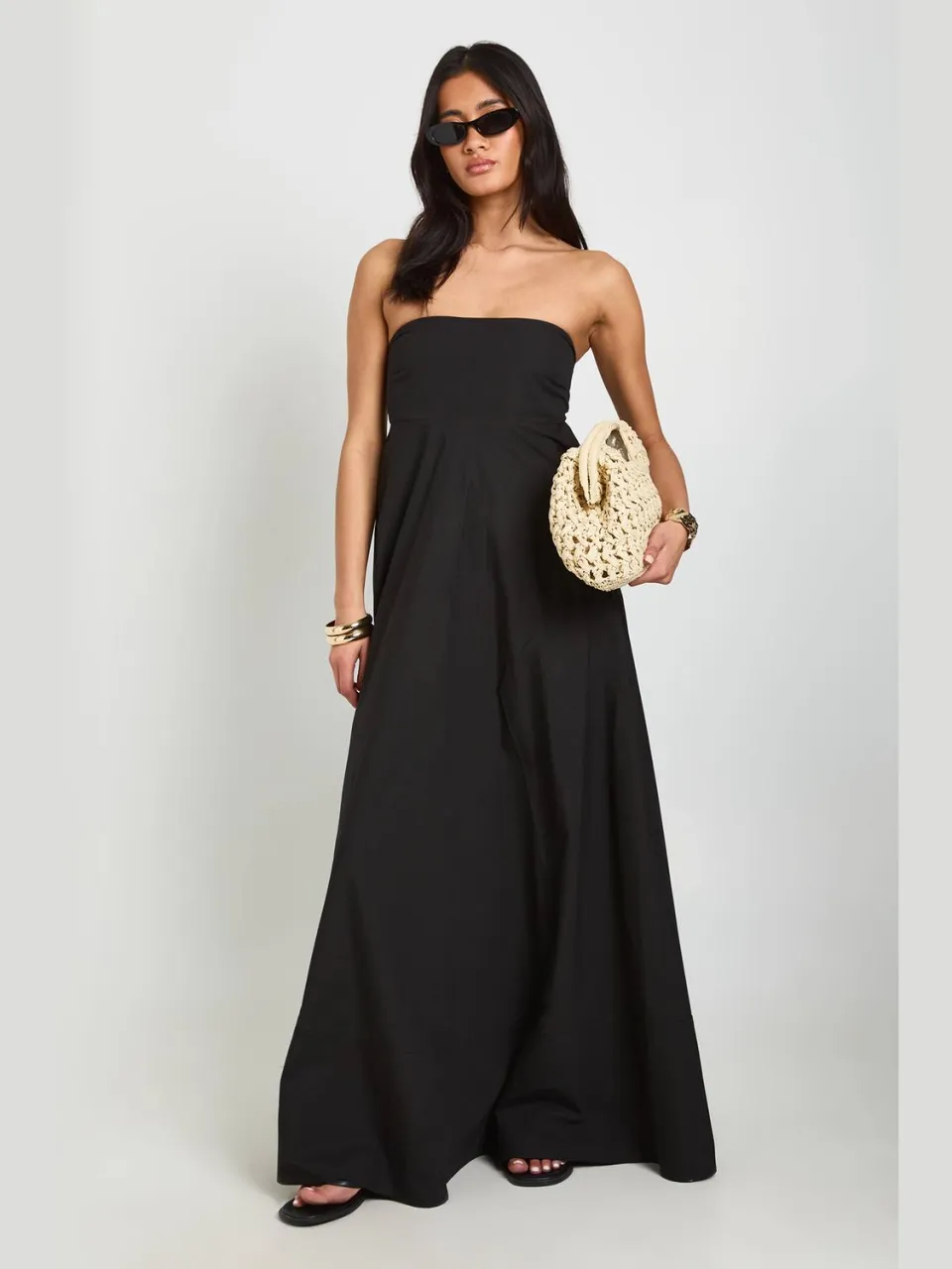 boohoo Dames Katoenen Poplin Maxi Jurk Met Gerimpelde Elastische Rug zwart, foto 2
