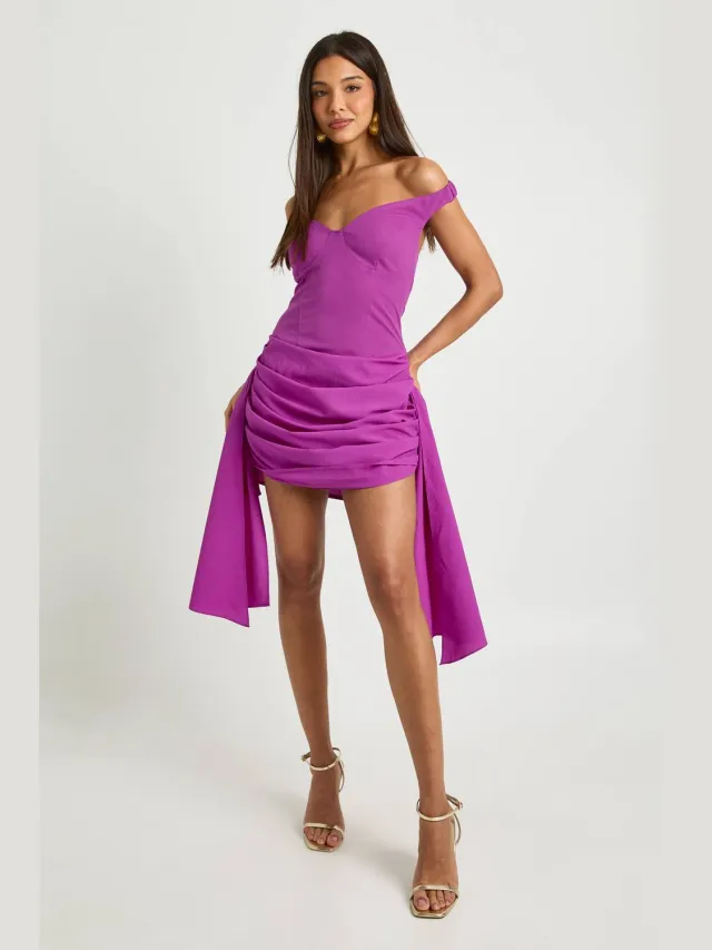 boohoo Dames Off-shoulder gedrapeerde mini-jurk Violet
