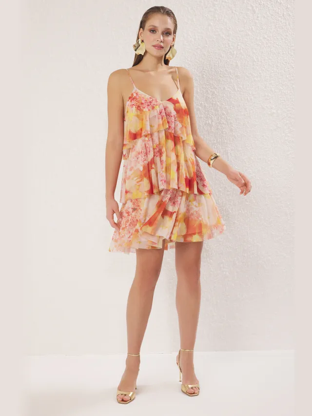 Trendyol TRENDYOLMİLLA Dames Oranje Bloemen Kort / Mini Mouwloos Stijlvol/Avond A-lijn Jurken