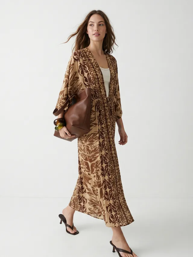 Trendyol TRENDYOLMİLLA Dames Beige Etnisch patroon Maxi Driekwart mouw Recht Jurken