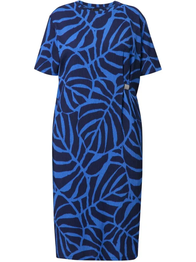 Ulla Popken Dames - Midi-jurk bladeren oversized ronde hals korte mouwen - Marine - Maat 42+