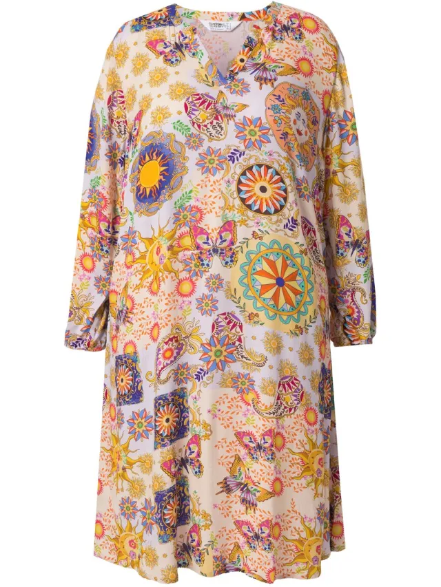 Angel of Style Dames - Midi-jurk A-lijn all-over motief lange mouw - Sneeuwwit