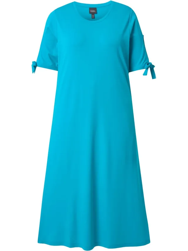 Ulla Popken Dames - Midi-jurk mouwen met split A-lijn ronde hals korte mouwen - Aqua turquoise - Maat 46+