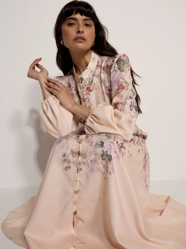 Apricot Midi-jurk met vintage bloemenprint Pink