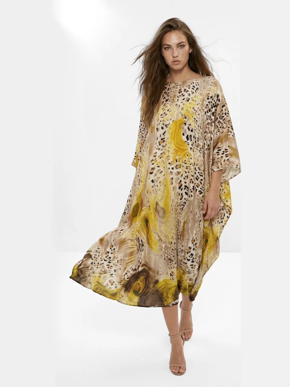 Trendyol Modest Dames Beige Tropisch Maxi Lang A-lijn Modest Jurken