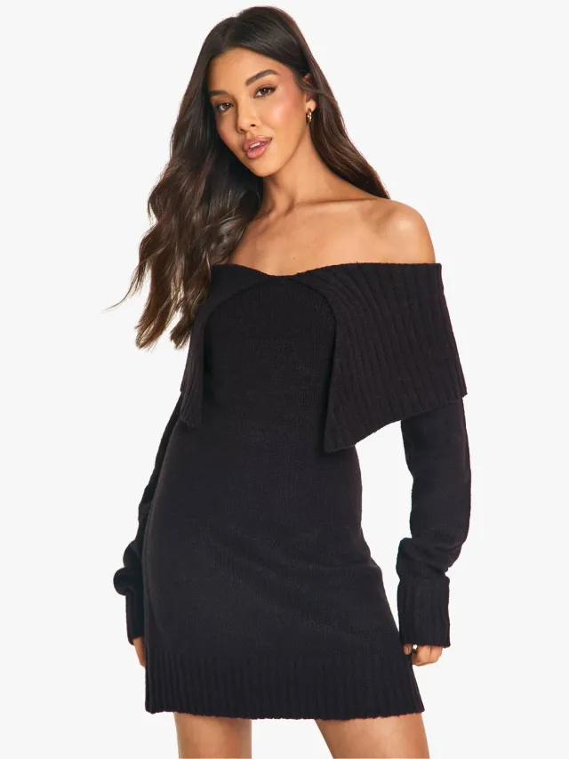boohoo Dames Zachte gebreide oversized kraag off-shoulder trui jurk Zwart
