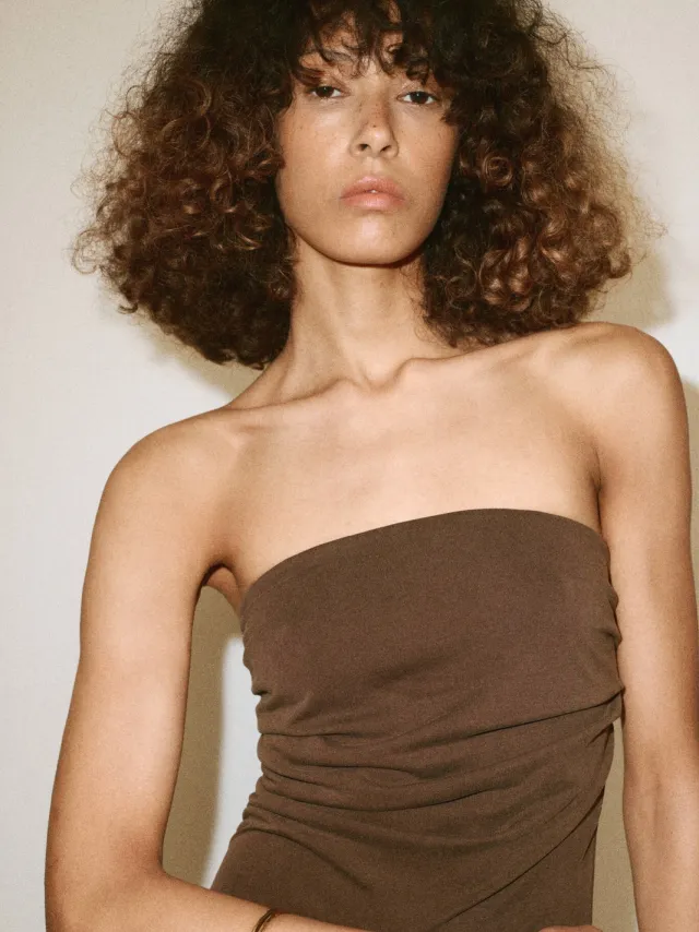 Mango strapless midi jurk - bruin, foto 3