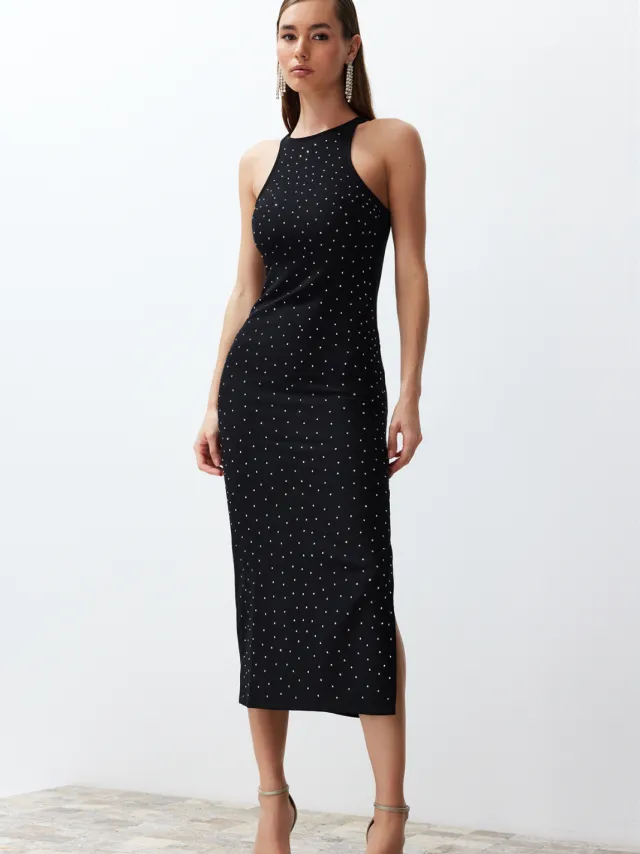 Trendyol TRENDYOLMİLLA Dames Zwart Effen Midi Mouwloos Stijlvol/Avond Bodycon Jurken