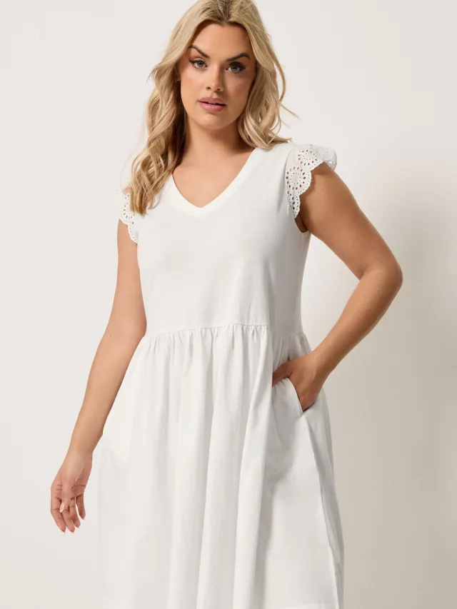 Yours Witte Jurk Met Broderie Anglaise En Peplum-64 White